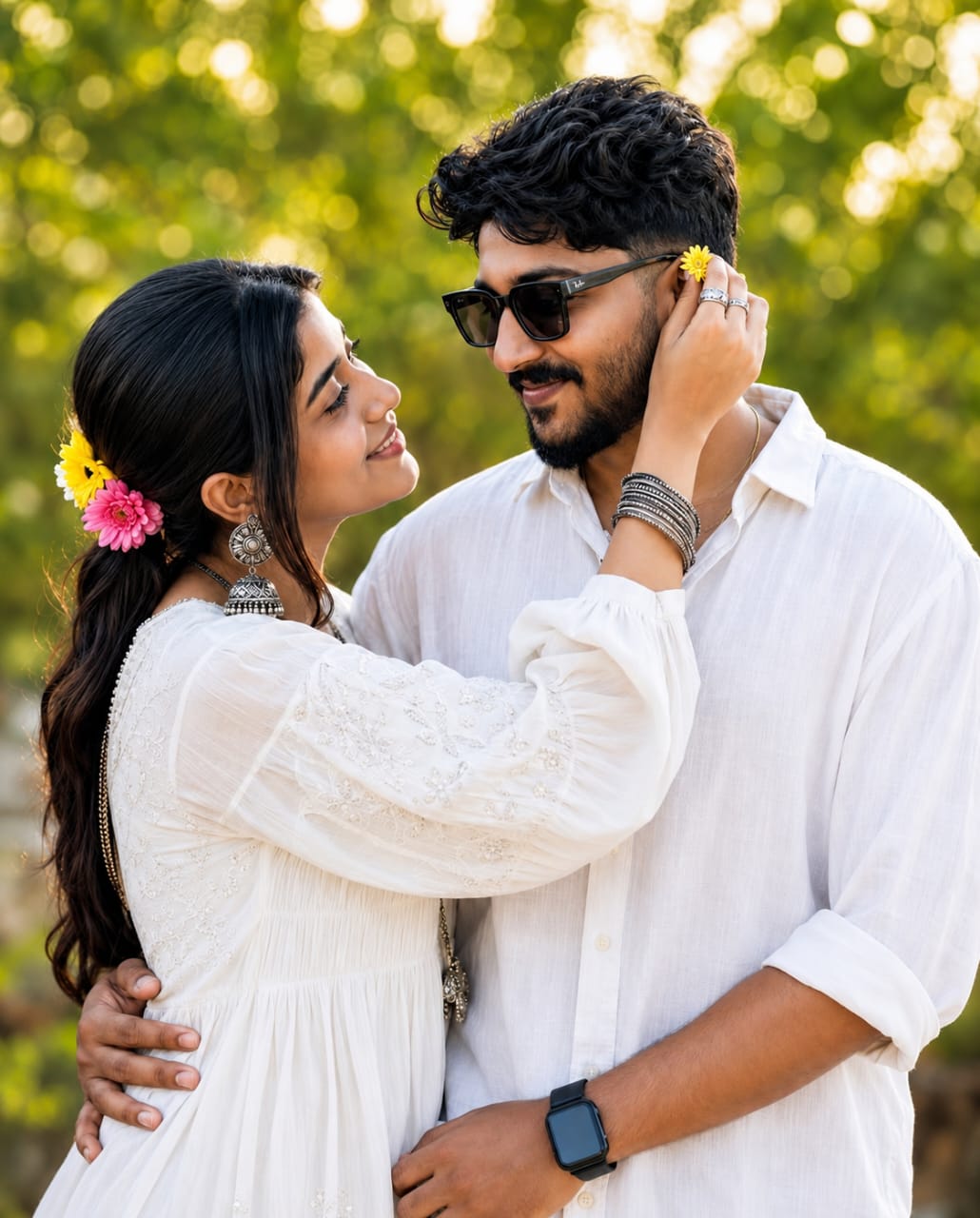 A photorealistic, romantic outdoor portrait o...