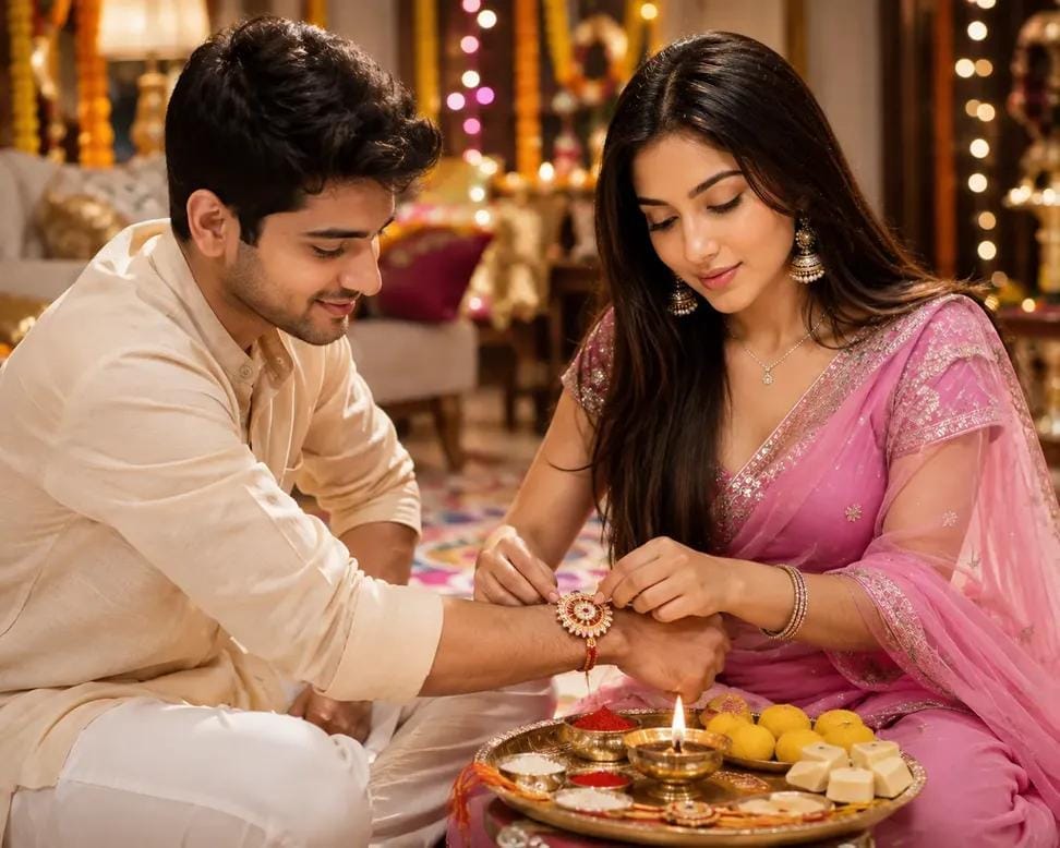 A heartwarming Raksha Bandhan scene of a youn...
