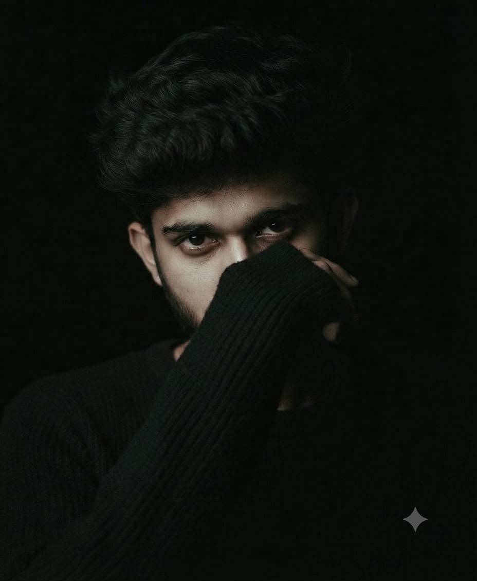 Dark, moody close-up portrait of a young pers...