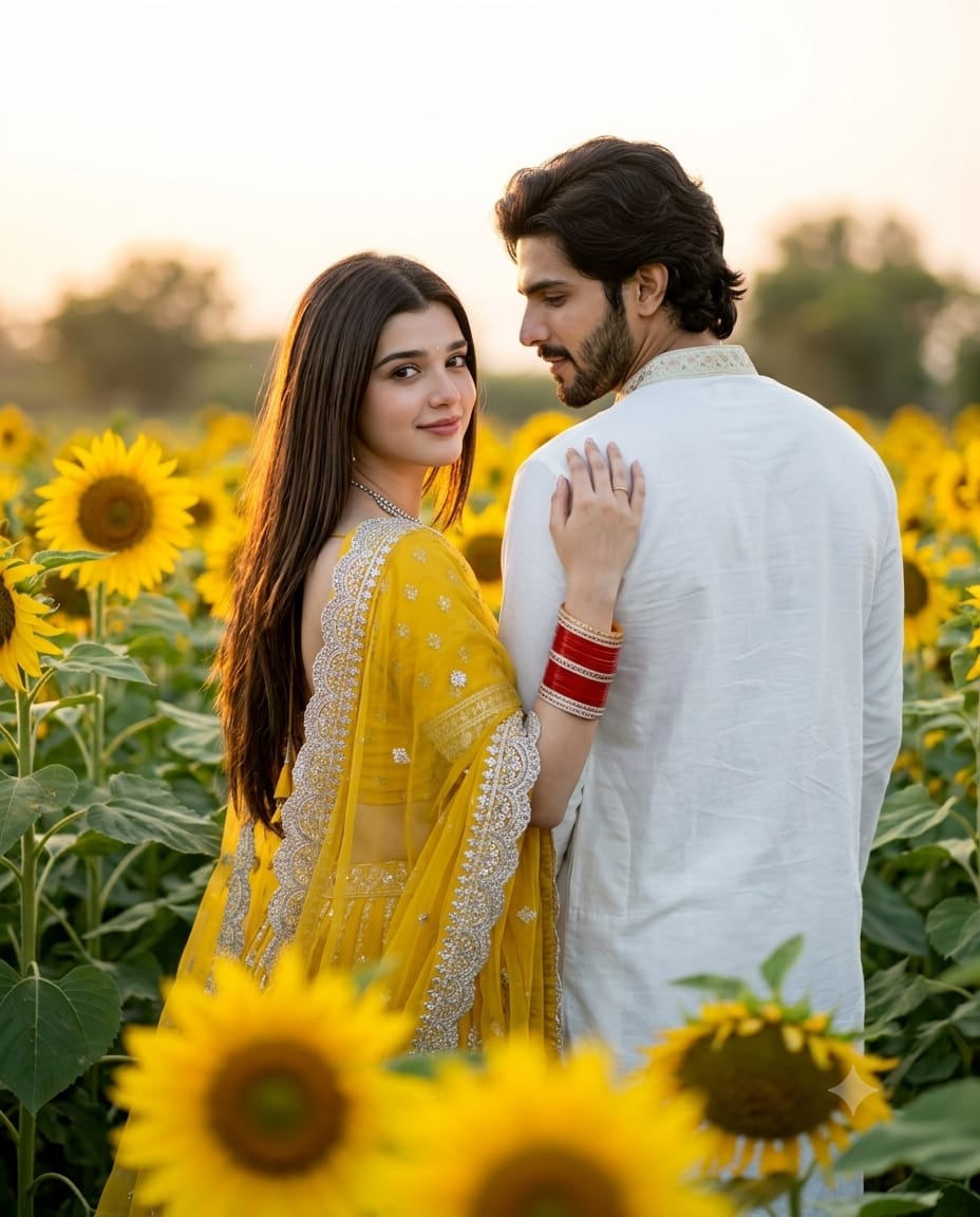 A romantic outdoor portrait of an Indian coup...